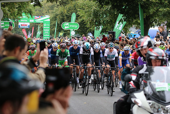 Geriant Thomas and Chris Froome on the front as the Peloton left Bristol.