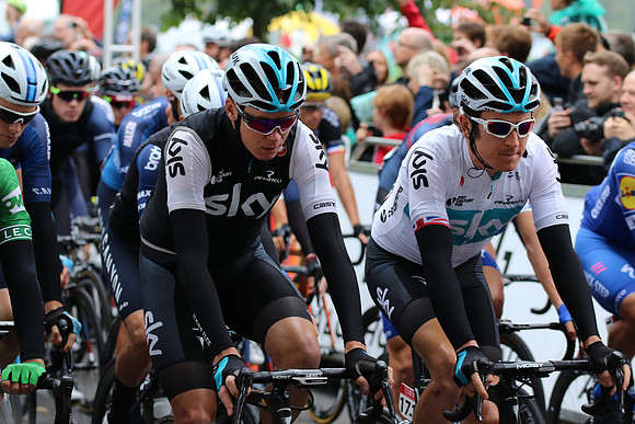 Geriant Thomas and Chris Froome on the front as the Peloton left Bristol